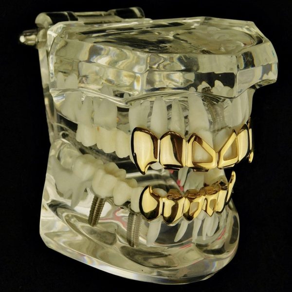 14k Gold Plated 2-Open Face Bow Tie Fang Grillz Set For Cheap - Image 3
