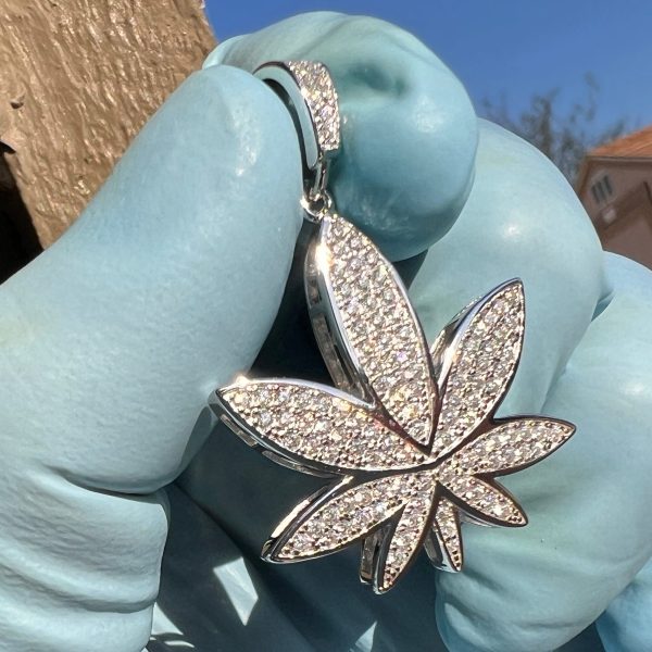 925 Sterling Silver Marijuana Weed Leaf Iced Flooded Out Moissanite Pendant on Sale - Image 2