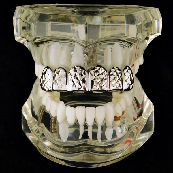 Silver Tone Diamond-Cut Top Teeth Grillz on Sale - Image 2