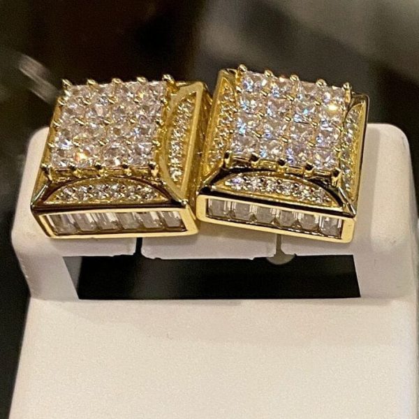 Gold Finish over 925 Sterling Silver Baguette Iced CZ Square Earrings 13MM Fashion - Image 4