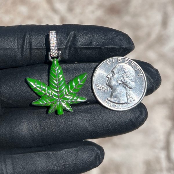 925 Sterling Silver Green Enamel Weed Leaf Marijuana 0.2ct Moissanite Pendant Discount - Image 4