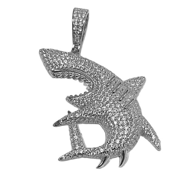925 Sterling Silver Shark Iced Hip Hop Pendant CZ Flooded Out 2  on Sale