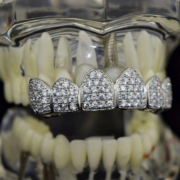 Silver Tone CZ Iced Micro Pave Top Teeth Grillz Online now - Image 5