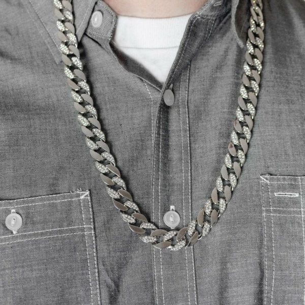 Silver Tone Cuban Link Half Stone Iced Chain Necklace 14MM 30  Online Sale - Image 2