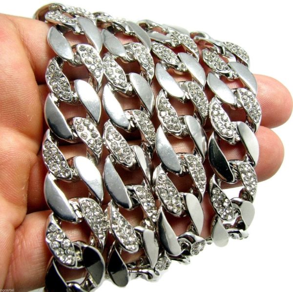 Silver Tone Cuban Link Half Stone Iced Chain Necklace 14MM 30  Online Sale - Image 3