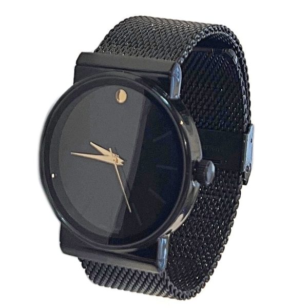 Men s Black Flat Band Round Dial Face Gold Finish Hands Watch Online Sale
