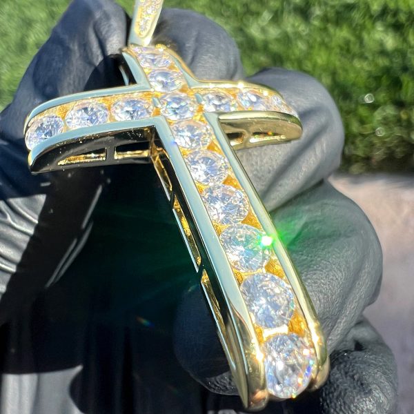 14k Gold Plated 925 Sterling Silver Channel-Set CZ Tennis Cross Pendant For Cheap - Image 5