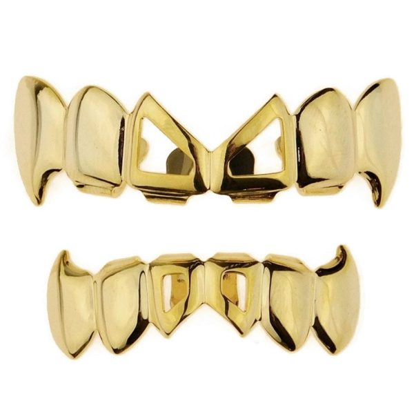 14k Gold Plated 2-Open Face Bow Tie Fang Grillz Set For Cheap