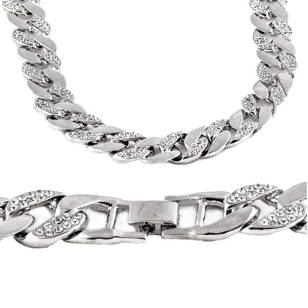 Silver Tone Cuban Link Half Stone Iced Chain Necklace 14MM 30  Online Sale - Image 4