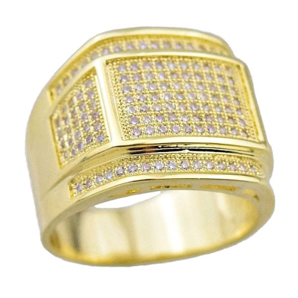 Mens Gold Finish Rectangle Iced CZ Ring 16x11MM Fashion
