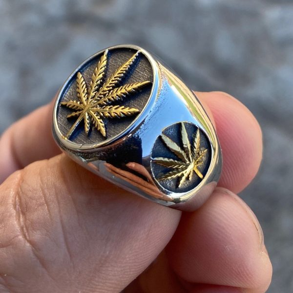 Marijuana Gold Finish Weed Leaf Stainless Steel Two Tone Ring For Discount - Image 3