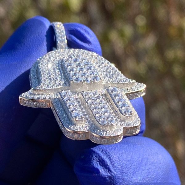 925 Sterling Silver Hamsa Hand Iced CZ Pendant on Sale - Image 5