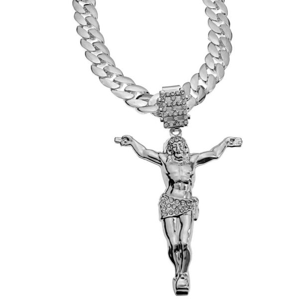 Silver Tone 3.5  Jesus Body Pendant Cuban Chain Necklace 33  Discount - Image 3