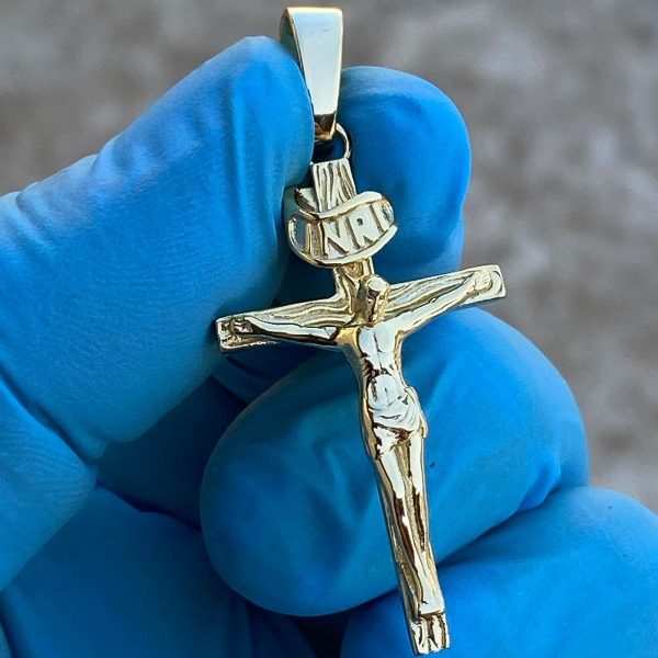 14k Gold Plated over 925 Silver Crucifix Jesus Cross Shiny Pendant 1.75  (Medium) For Sale - Image 2