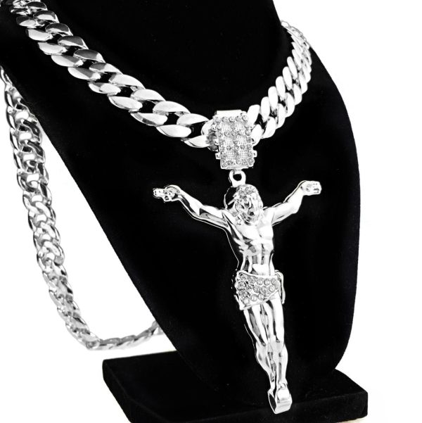 Silver Tone 3.5  Jesus Body Pendant Cuban Chain Necklace 33  Discount
