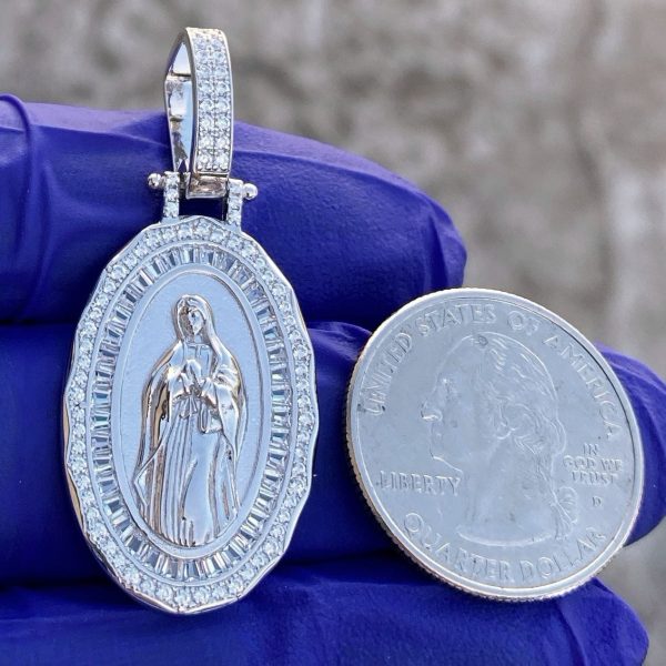 Virgin Mary La Virgen De Guadalupe CZ 925 Sterling Silver Oval Pendant 1.25  (Small) on Sale - Image 4