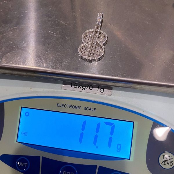 925 Sterling Silver Iced Dollar $ Sign Flooded Out CZ Baguette Pendant Online now - Image 4