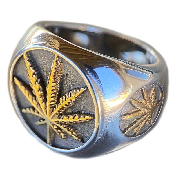 Marijuana Gold Finish Weed Leaf Stainless Steel Two Tone Ring For Discount