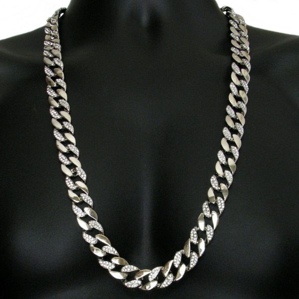 Silver Tone Cuban Link Half Stone Iced Chain Necklace 14MM 30  Online Sale