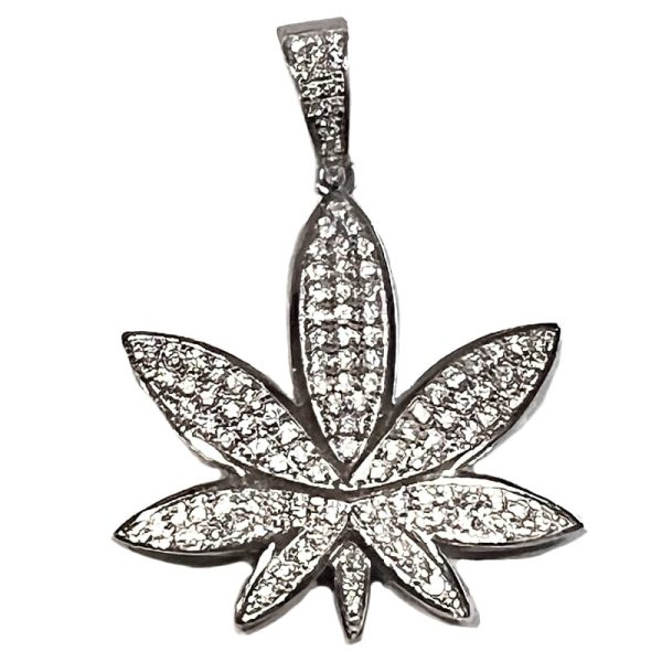 925 Sterling Silver Marijuana Weed Leaf Iced Flooded Out Moissanite Pendant on Sale