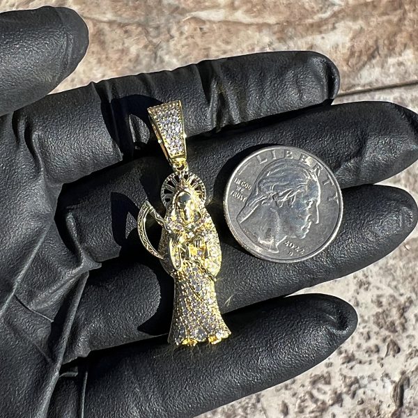 14k Gold Plated over 925 Sterling Silver La Santa Muerte Iced CZ Small Pendant 1.75  Online Sale - Image 5