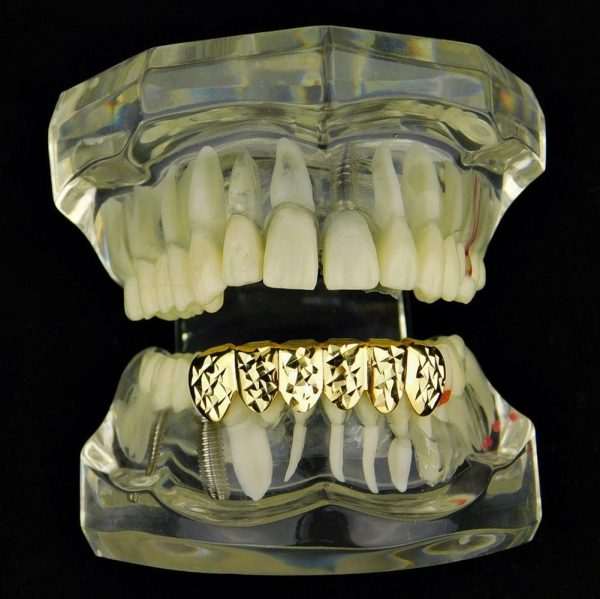 14K Gold Plated Diamond-Cut Bottom Teeth Grillz Online Sale - Image 2