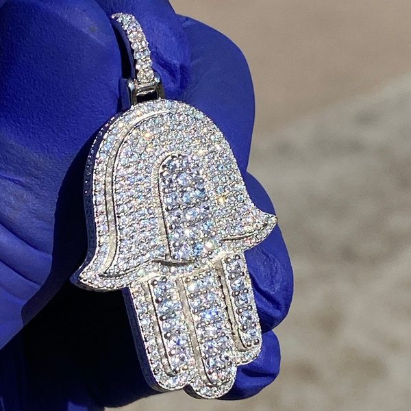 925 Sterling Silver Hamsa Hand Iced CZ Pendant on Sale - Image 3