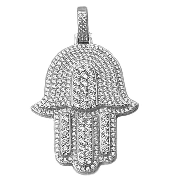 925 Sterling Silver Hamsa Hand Iced CZ Pendant on Sale
