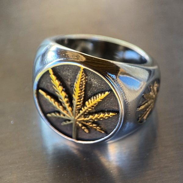 Marijuana Gold Finish Weed Leaf Stainless Steel Two Tone Ring For Discount - Image 4
