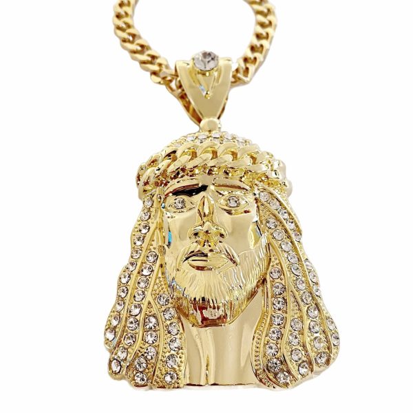 18k Gold Plated Huge Jesus Head Crown Necklace 30  Cuban Chain Fashion