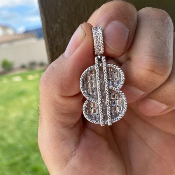 925 Sterling Silver Iced Dollar $ Sign Flooded Out CZ Baguette Pendant Online now - Image 5