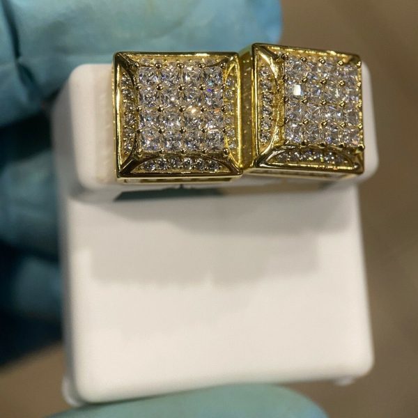 Gold Finish over 925 Sterling Silver Baguette Iced CZ Square Earrings 13MM Fashion - Image 3