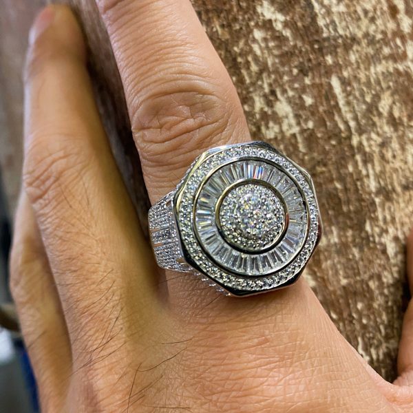 925 Sterling Silver Baguette Big Octagon Ring Iced CZ Flooded Out For Sale - Image 2
