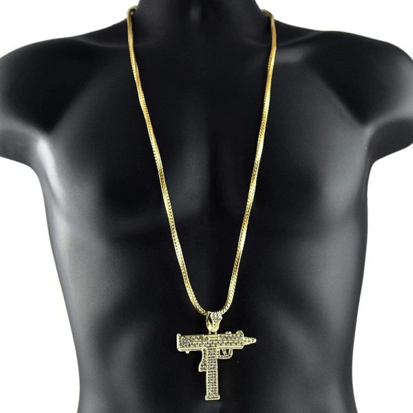 UZI Submachine Gun Gold Finish 36  Franco Chain Necklace Fashion - Image 3