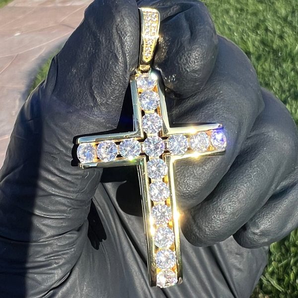 14k Gold Plated 925 Sterling Silver Channel-Set CZ Tennis Cross Pendant For Cheap - Image 3