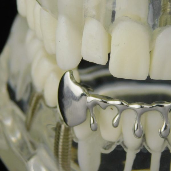 Silver Tone Drip Bottom Teeth Vampire Fangs Grillz Supply - Image 2