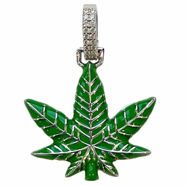 925 Sterling Silver Green Enamel Weed Leaf Marijuana 0.2ct Moissanite Pendant Discount