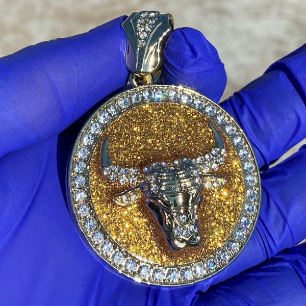 Bull Head Gold Finish w  Gold Glitter Round Coin Pendant on Sale - Image 2
