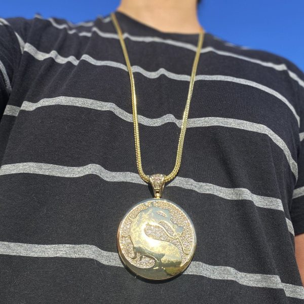 Dragon Round Medallion Chain Iced CZ Gold Plated Franco Necklace 36  on Sale - Image 2