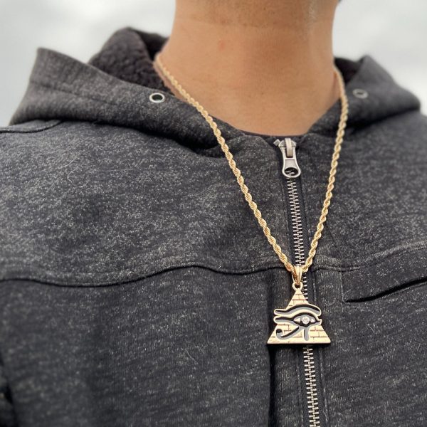 Eye Of Horus Flat Pyramid Gold Plated and Black Pendant Ra Rope Chain 24  Online - Image 3