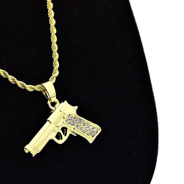 Micro Gun Pistol Iced Pendant Rope Chain Gold Finish Necklace 24  Sale - Image 5