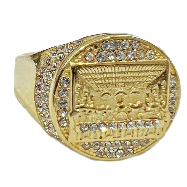 14K Gold Plated The Last Supper Round Ring Stainless Steel Iced Flooded Out Cheap