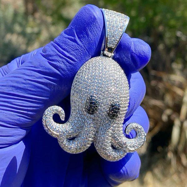 925 Sterling Silver Big Octopus Squid Emoji CZ Iced Flooded Out Pendant Online Hot Sale - Image 5