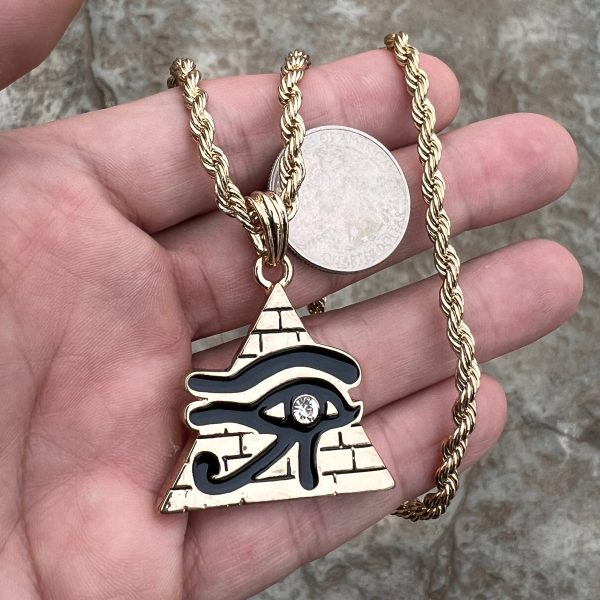 Eye Of Horus Flat Pyramid Gold Plated and Black Pendant Ra Rope Chain 24  Online - Image 5