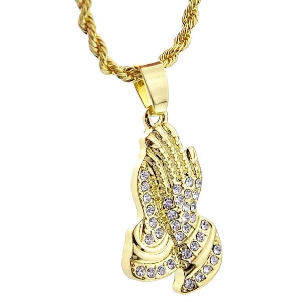 Micro Praying Hands Iced Gold Finish Rope Chain Necklace 24  Online Hot Sale