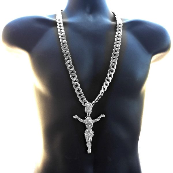 Silver Tone 3.5  Jesus Body Pendant Cuban Chain Necklace 33  Discount - Image 4