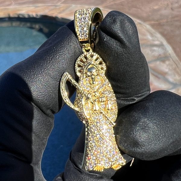 14k Gold Plated over 925 Sterling Silver La Santa Muerte Iced CZ Small Pendant 1.75  Online Sale - Image 2