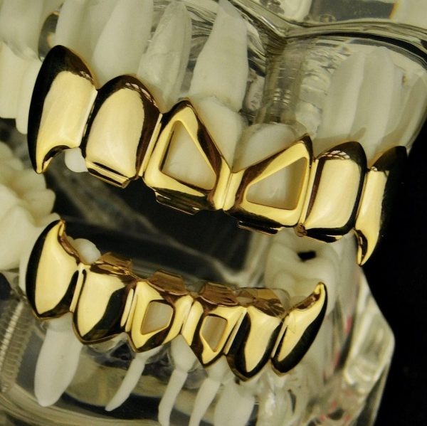 14k Gold Plated 2-Open Face Bow Tie Fang Grillz Set For Cheap - Image 2