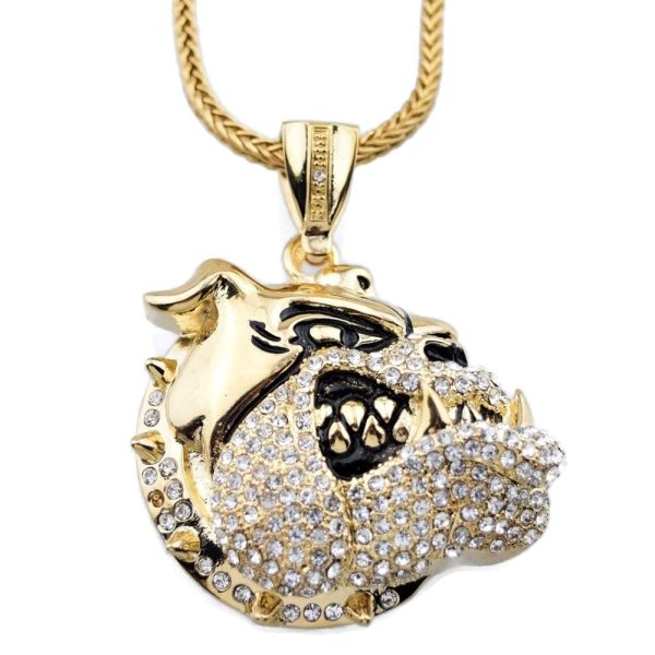 Bulldog Dog Pendant Gold Finish Franco Chain Necklace 36  For Sale
