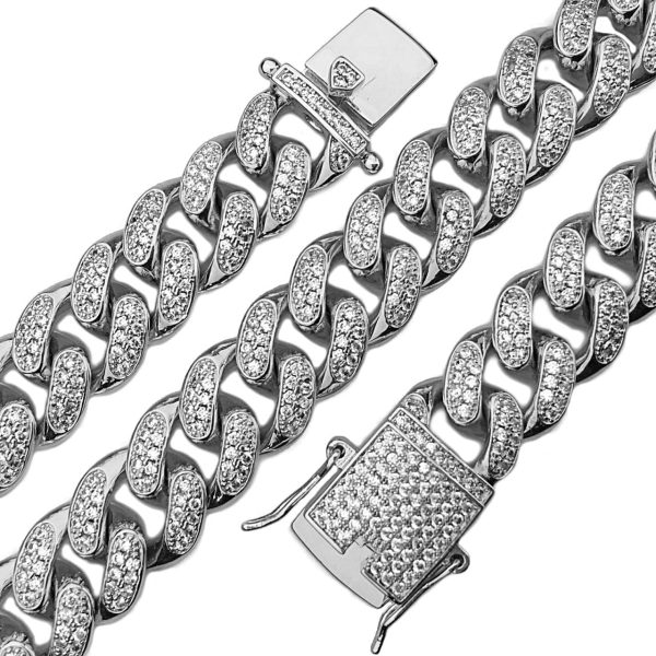 14K White Gold Plated 18  CZ Cuban Link Flooded Out Choker For Sale